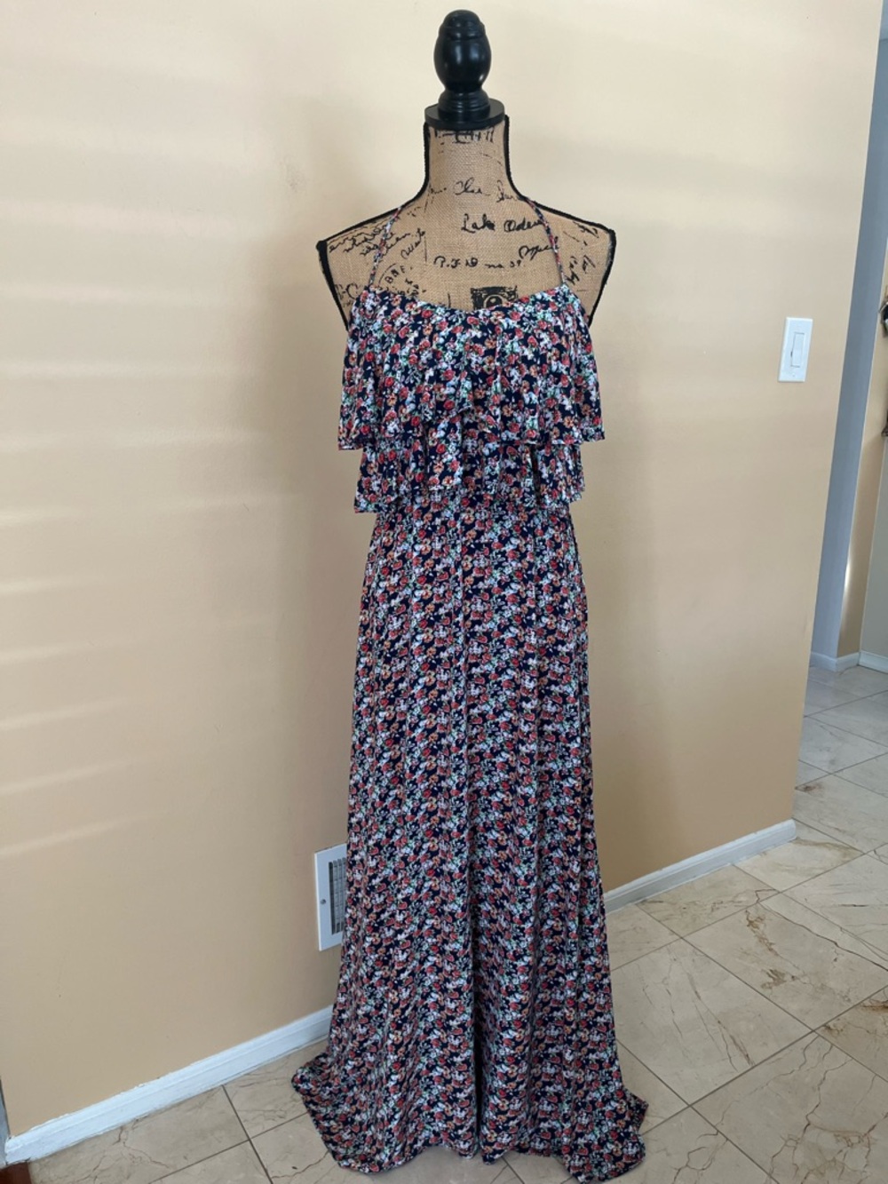 Vintage Y2k Forever 21 Navy Floral Tiered Maxi Dress 100% Cotton